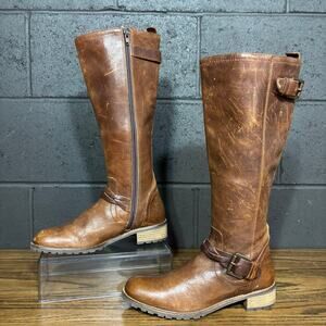 Fat Face Tall Distressed Leather Riding Boots Brown Buckle Zip Women’s 6.5